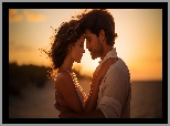 Kobieta, Mężczyzna, Zachód słońca, Przytuleni